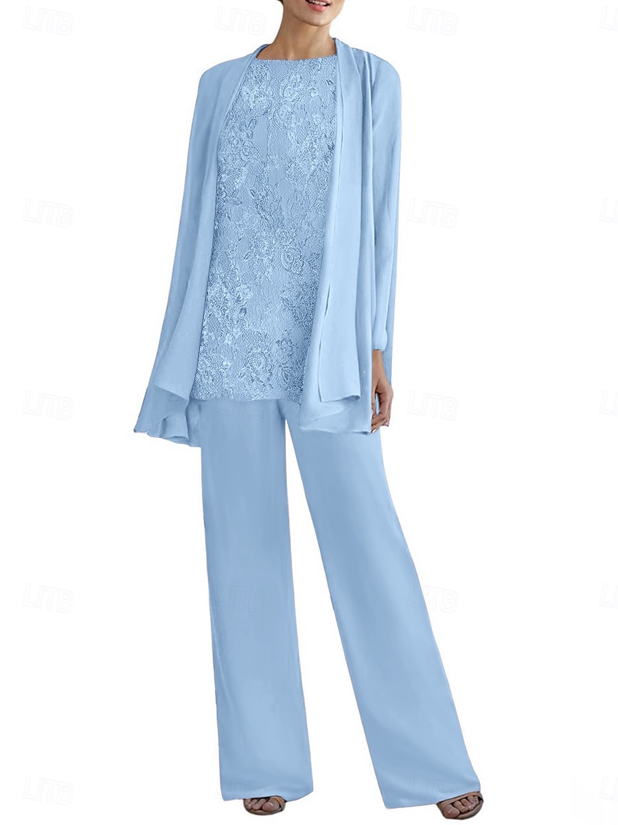 Tailleur-pantalon trois pièces robe mère de la mariée élégante col rond longueur sol polyester manches longues avec perles de 2025 ? $99.99 –P2