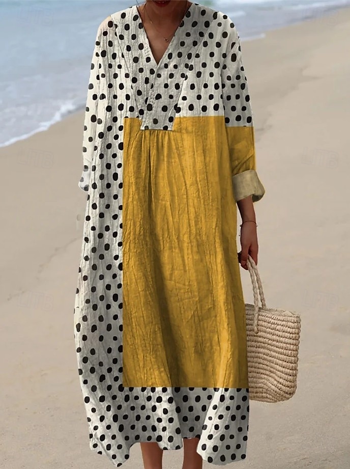 Damskie Sukienka maxi Sukienka letnia Sukienka A line Urlop Codzienny Boho Wyjściowe Plaża Graficzny Geometryczny Naszywka Długi rękaw W serek jesion Czarny Żółty Rumiany róż Lato Wiosna 2025 - $35.99 –P2