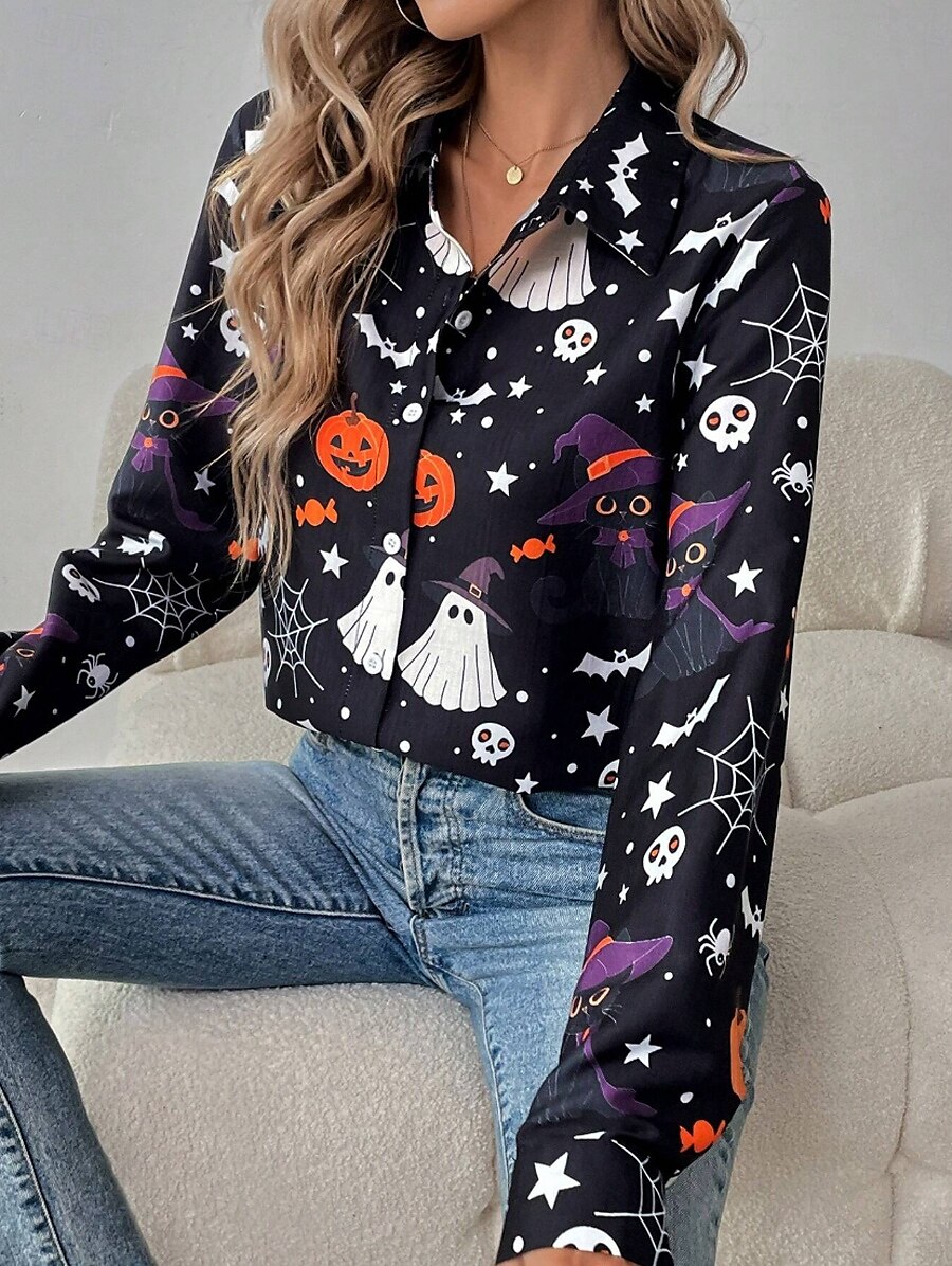 Halloween Women's Shirt Graphic Pumpkin Ghost Elegant Vintage Tropical Long Sleeve Bishop Sleeve Shirt Collar Regular Tops Daily Holiday Print Black Orange Summer Spring Fall 2025 - $32.99 –P3