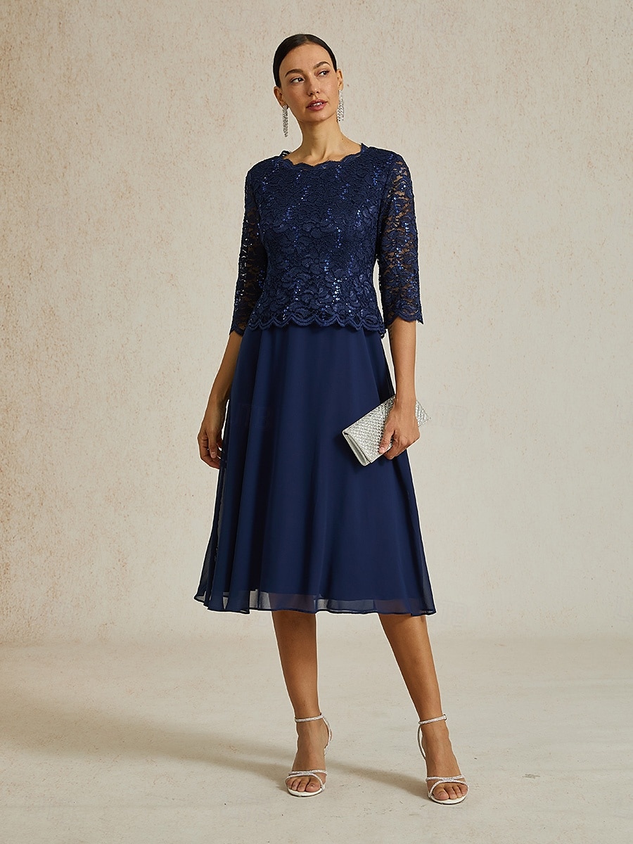 Mujer Vestido Midi Vestido de raso Elegante Fiesta Cumpleaños Ajuste regular Color sólido Manga 3/4 Cuello Barco Azul Marino Verano Primavera Otoño 2025 - $99.99 –P5