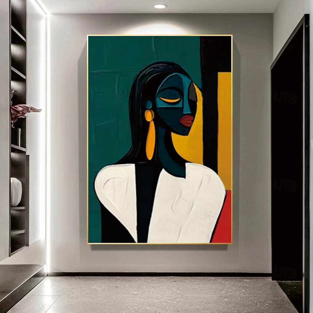 Peinture de portrait abstrait moderne faite à la main peinte à la main avec un contraste chromatique audacieux - peintures à l'huile géométriques figure féminine en or cobalt figure pour peinture de 2025 ? $133.99 –P7