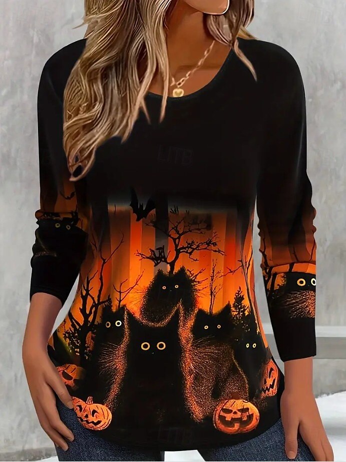 Halloween Damen Bluse Grafik Halloween Lässig Langarm Rundhalsausschnitt Normale Oberteile Täglich Druck Schwarz Orange Sommer Frühling MOM 2025 - $22.99 –P3