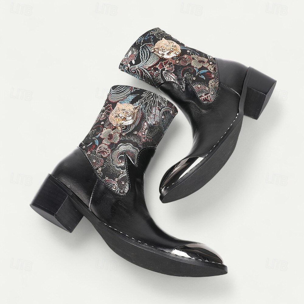 Bottes de motard western noires en cuir de vachette pour hommes avec broderie florale et bout en métal, style cowboy rétro pour la conduite à moto, les événements country et la mode festival de 2025 ? $139.99 –P8