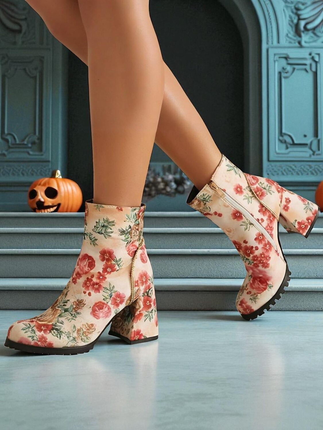 Damen-Stiefeletten mit Totenkopf- und Rosen-Print für Halloween – Stiefeletten mit klobigem Blockabsatz und seitlichem Reißverschluss im Gothic-Stil für Cosplay, Partys und Herbstfestivals 2025 - $54.99 –P2