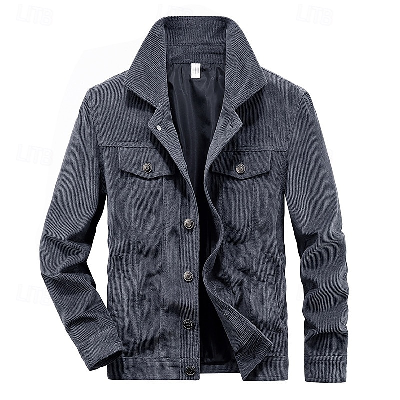 Men's Corduroy Jacket Cargo Jacket Casual Jacket Vacation Daily Pocket Fall Winter Plain Fashion Classic Lapel Regular Black Khaki Coffee Gray Jacket 2025 - $68.99 –P3