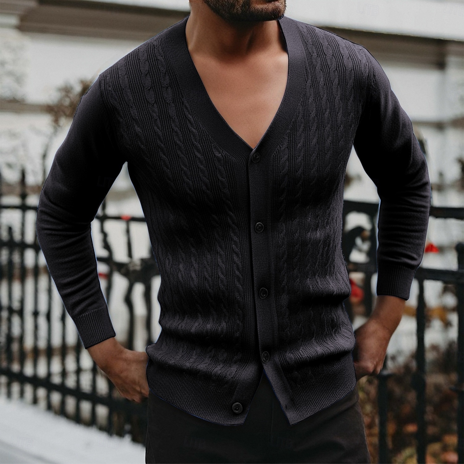 Herren Strickjacke Kurzer Cardigan-Pullover Verkürzter Pullover Gerippt Zopfmuster Stricken Abgeschnitten Gestrickt Basic Einfarbig V Ausschnitt Alltagskleidung Familientreffen Bekleidung Herbst 2025 - $23.99 –P5