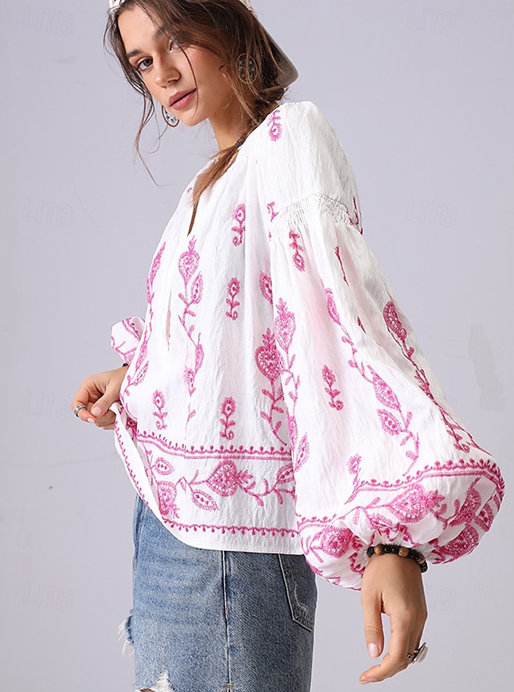 Női Ing Virágos Elegáns Csehország Szüret Hosszú ujj Lámpás hüvely V-alakú Crop Tops Napi Szabadság Alkalmi Hímzett Törtfehér hímzett szilvapiros-FEHÉR 2# sárgabarack hímzés világoszöld-sárgabarack 2025 - $54.99 –P2