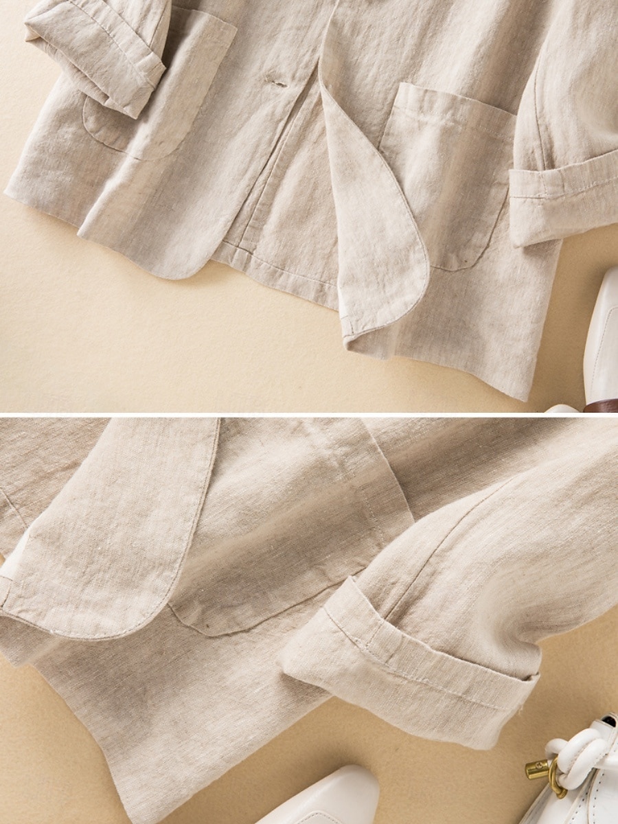 Damen-Blazer aus Baumwollleinen, bequem, atmungsaktiv, Tasche, lässig, einfarbig, fürs Büro, Straße, lässig, Alltagskleidung, einreihig, normal, Umlegekragen, normale Passform, langärmelig, Oberbekleidung, weiß, grün, beige, Sommer 2025 - $31.99 –P13