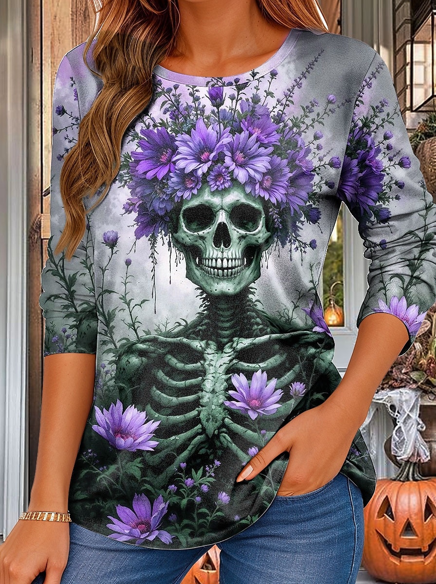 Halloween Dame T skjorte Blomstret Grafisk Hodeskaller Årgang Mote Stilfull Langermet Crew-hals Vanlige topper Daglig Trykt mønster Rosa Lilla Oransje Grønn Sommer Vår Høst 2025 - $22.99 –P4