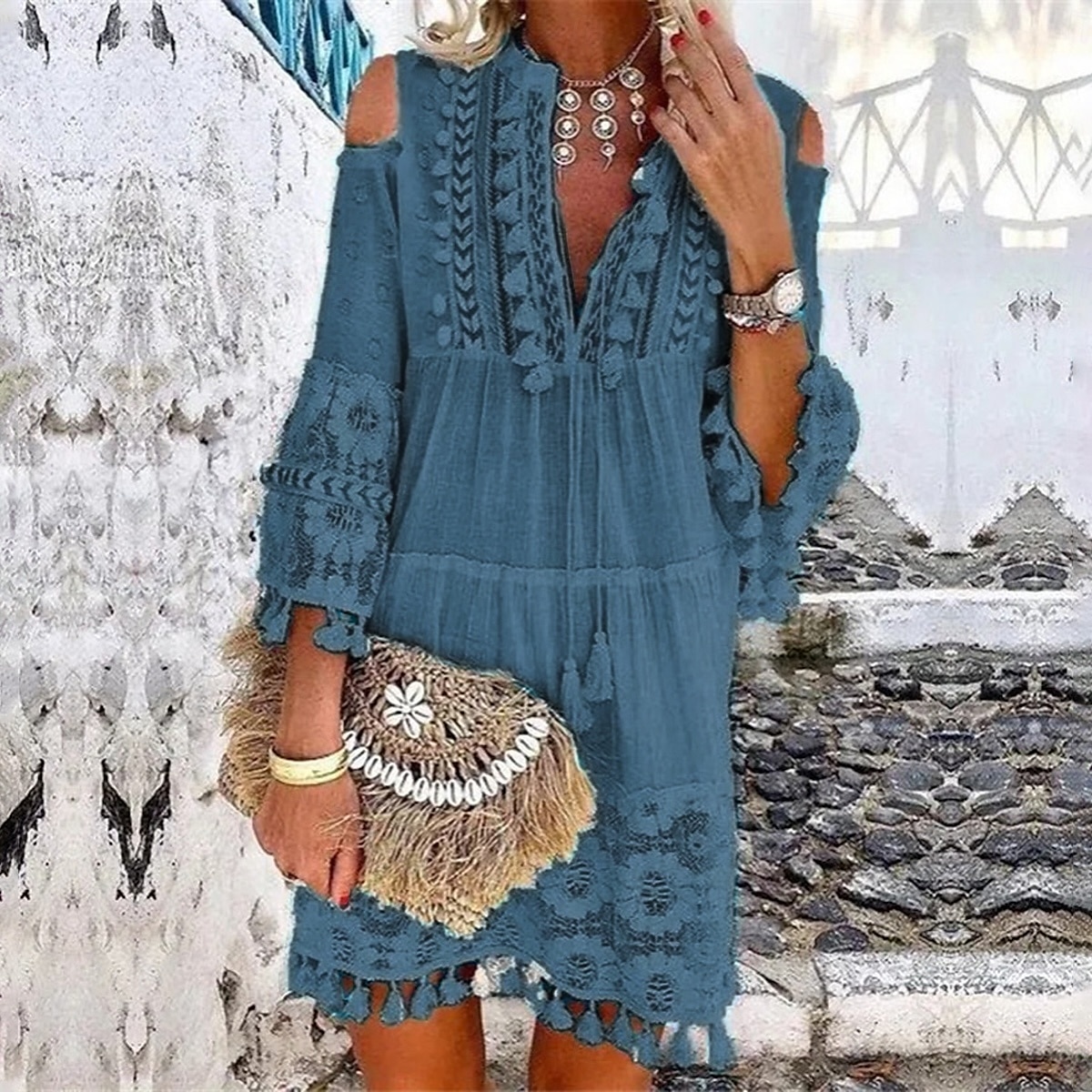 Pentru femei Rochie Mini Rochie de schimb Rochie Boho Vacanță Casual În aer liber Vacanță Zilnic Potrivire Largă Culoare pură Lungime Manșon 3/4 În V Alb Roz Îmbujorat Albastru piscină Mov Var 2025 - $42.99 –P13