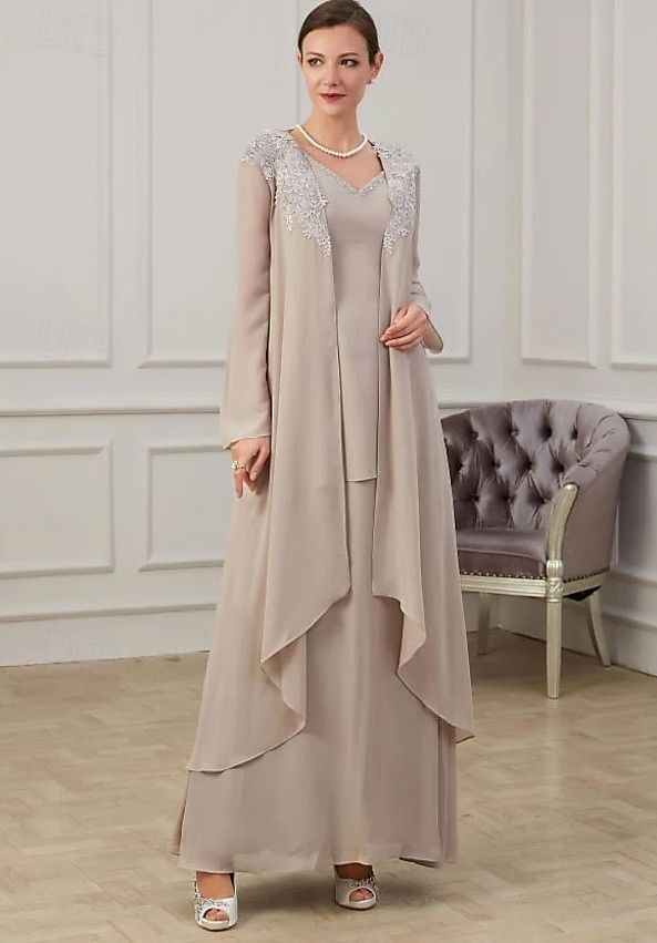 Rochie A-Line pentru Mama Miresei Rochie Formală Invitată la Nuntă Lungime până la Podea Mâneci Lungi Decolteu în V Chiffon cu Volane Aplicații 2025 - $139.99 –P1