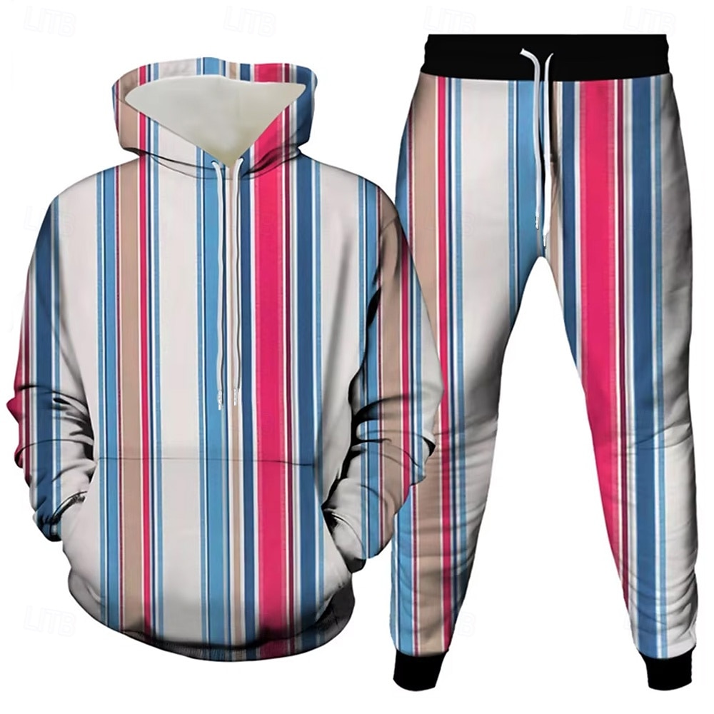 Homens Tiras verticais 2pcs Conjuntos de moletom 3D Moletom Moletom com capuz Manga Longa Calças compridas Com Capuz Casual Diário Roupa Esportiva Impressão 3D Primavera Outono Inverno Rubi Vermelho de 2025 por $39.99 –P3