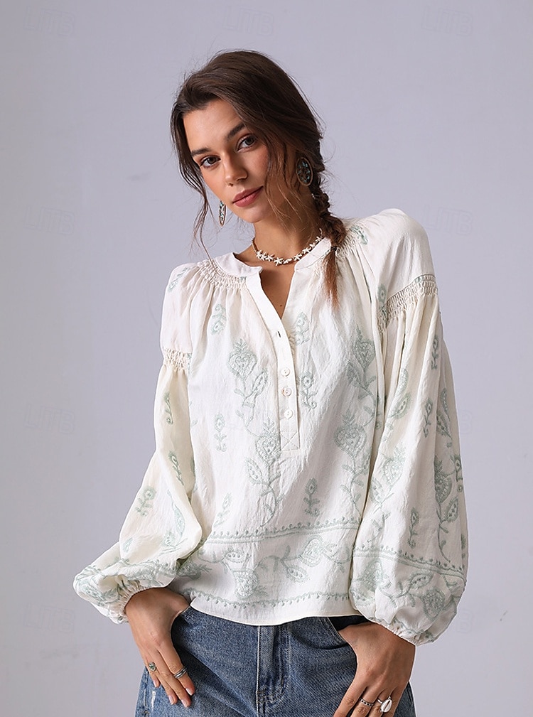 Női Ing Virágos Elegáns Csehország Szüret Hosszú ujj Lámpás hüvely V-alakú Crop Tops Napi Szabadság Alkalmi Hímzett Törtfehér hímzett szilvapiros-FEHÉR 2# sárgabarack hímzés világoszöld-sárgabarack 2025 - $54.99 –P5