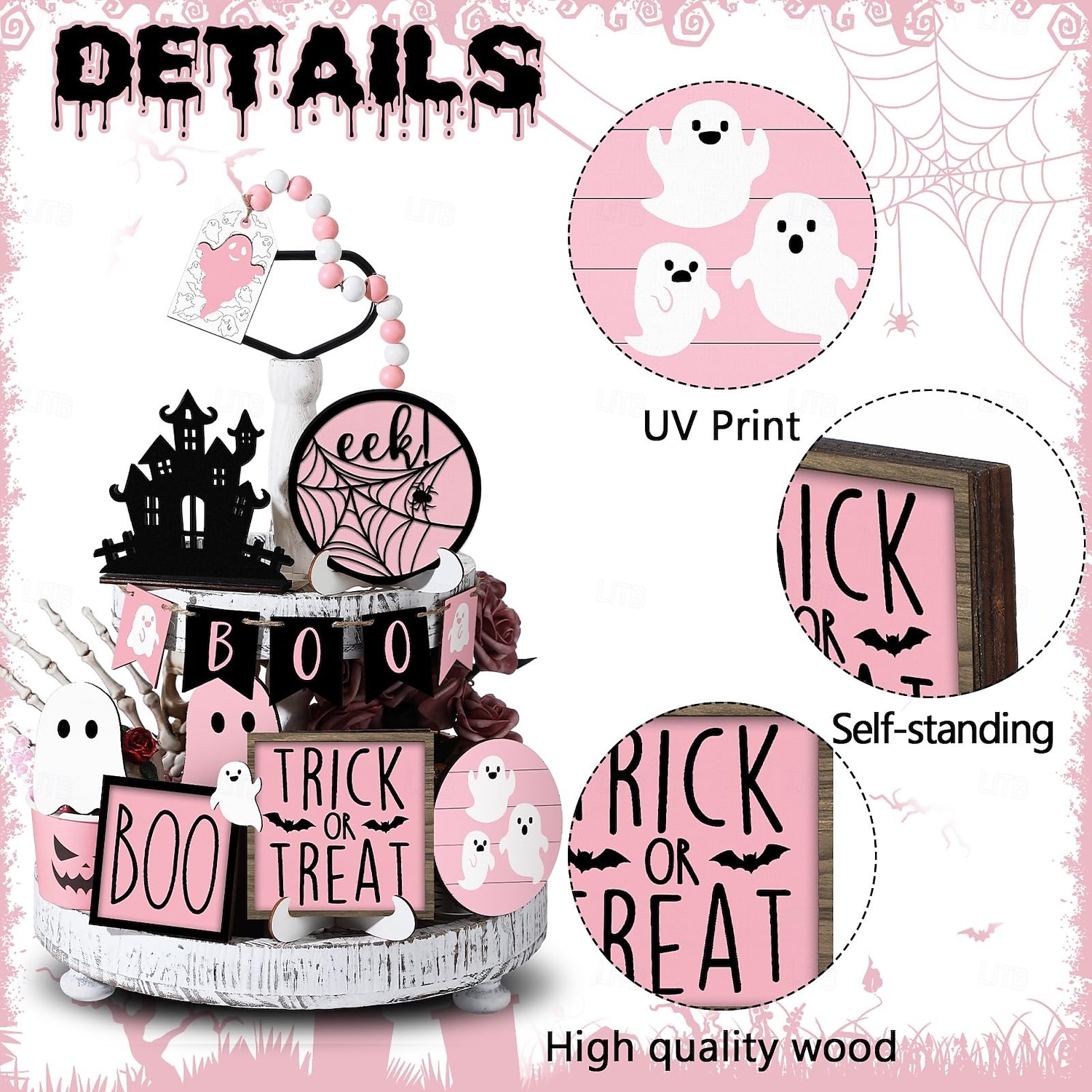Набор из 15 розовых многоярусных подносов для декора на Хэллоуин, милые деревянные таблички с привидениями и украшения в фермерском стиле для дома, стола и вечеринок 2025 - $12.49 –P4