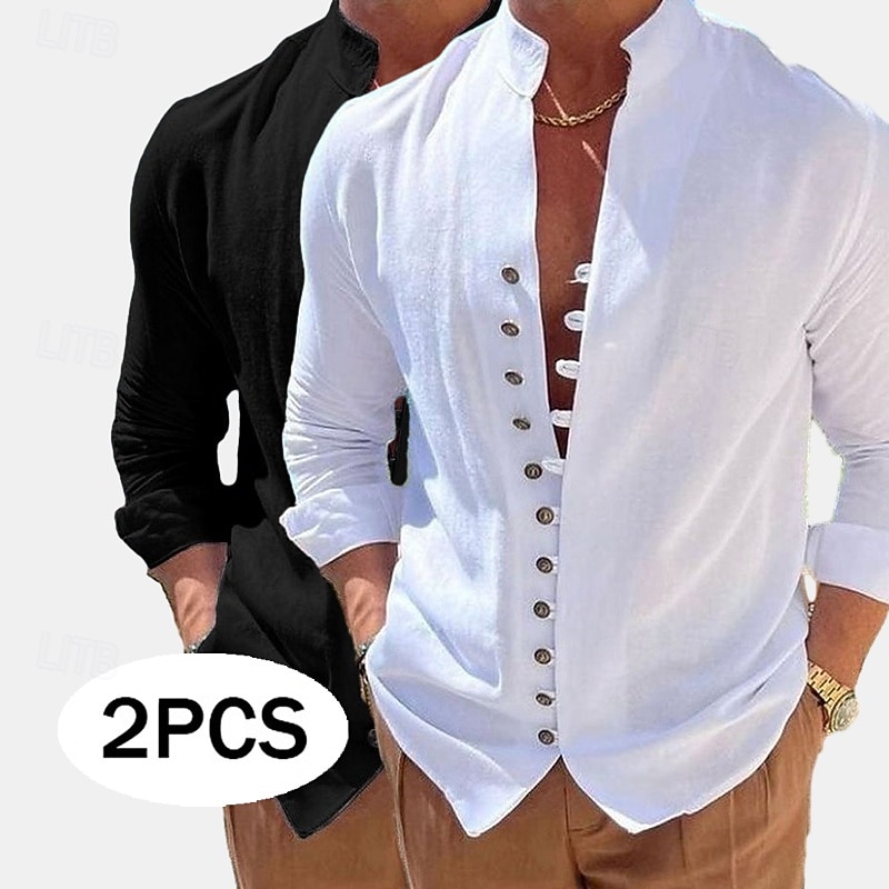 Men's Shirt Linen Shirt Summer Shirt Casual Shirt Button Up Shirt Plain Vacation Curise Green+pink Green+Khaki Blue+Khaki Khaki+Orange Long Sleeve Band Collar Summer Spring &  Fall Clothing Apparel 2026 - $29.99 –P5