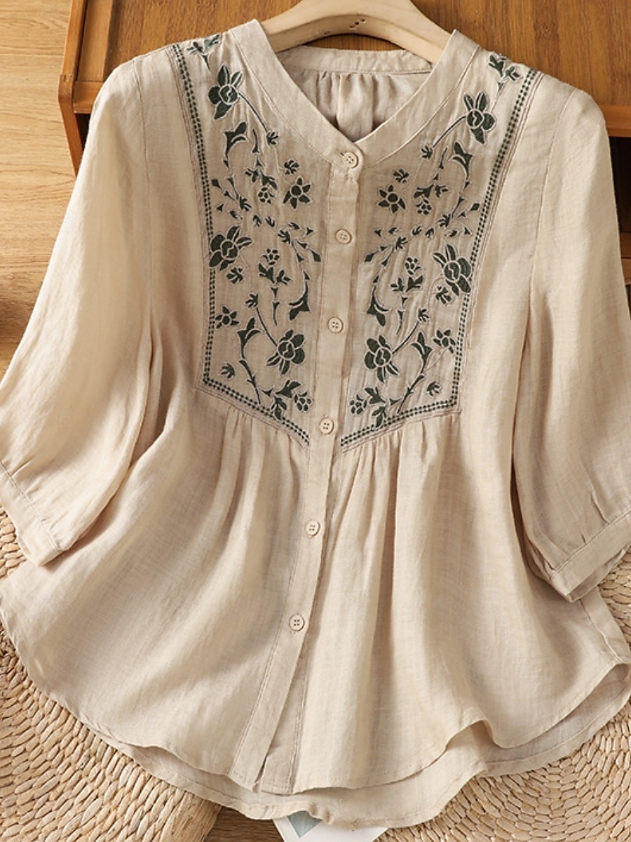 Femmes Chemises en coton et lin Fleuri Bohème Occasionnel Manche 3/4 Col ras du cou Hauts Réguliers Quotidien Broderie Vert Abricot Été Printemps Automne de 2025 ? $34.99 –P2