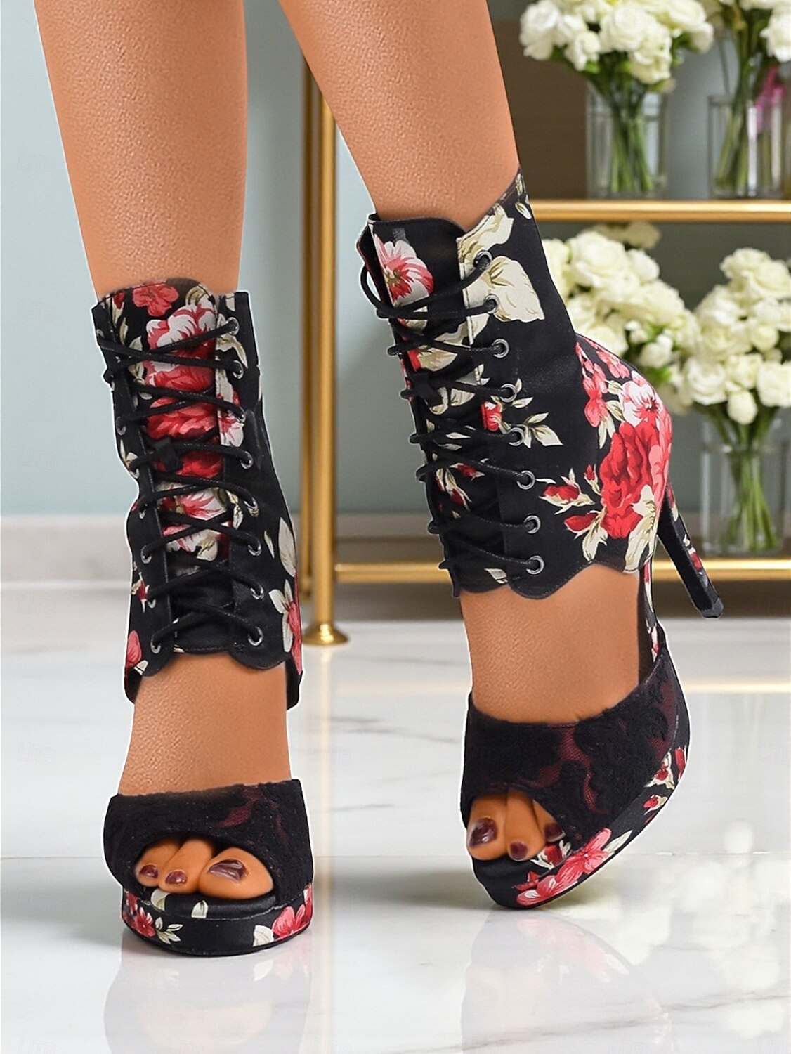 Bottes de danse florales pour femmes - Chaussures de danse latine professionnelles à talons hauts et bout ouvert en satin avec imprimé rose élégant, idéales pour la salsa, le tango et les spectacles de 2025 ? $64.99 –P8