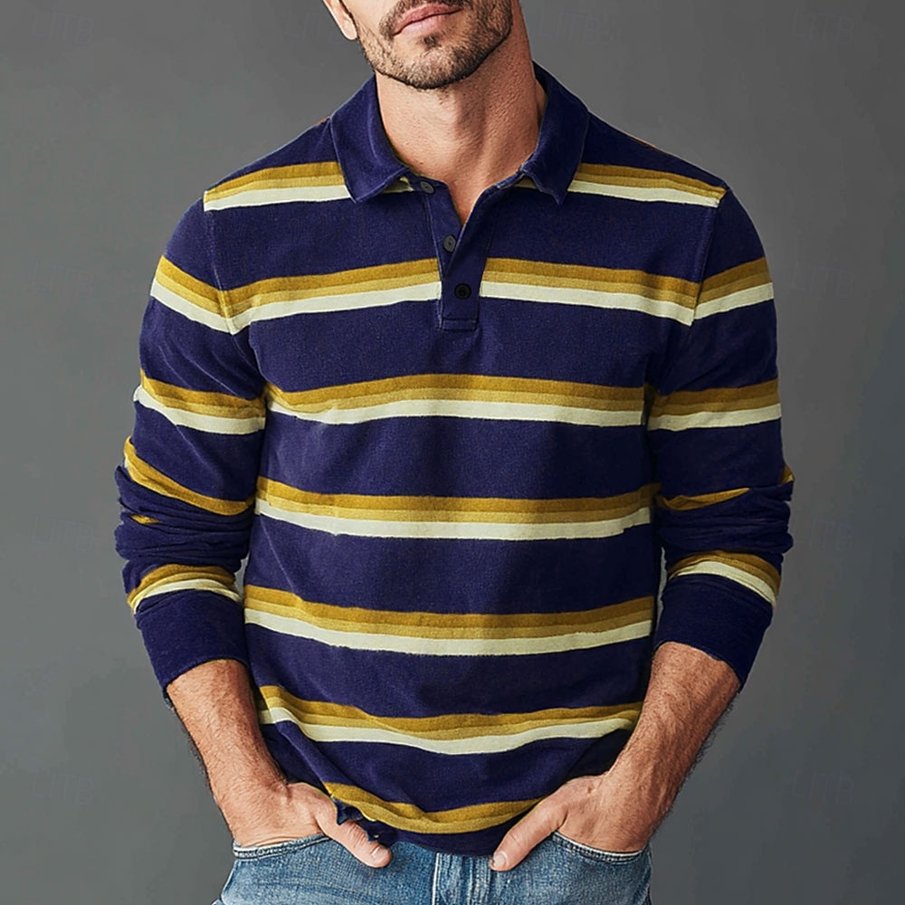Homme Rayures horizontales Polo de rugby manche longue Polos Chemises à Col Vêtements de sport Occasionnel École Extérieur Athleisure Impression 3D Printemps Automne Hiver Jaune Bleu Violet de 2025 ? $25.99 –P3