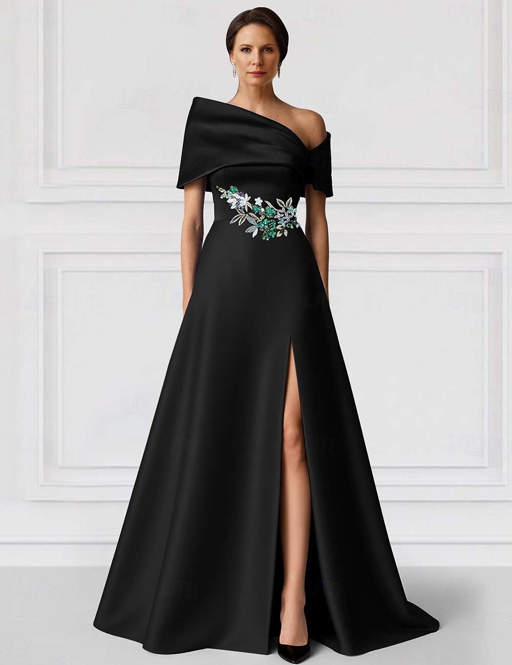Svartgrön A-linjeformad aftonklänning elegant klänning formell bröllopsklänning golvlång kortärmad bar axelband champagnefärgad klänning till brudens mor satin med glitterficka 2025 2025 - $145.99 –P1