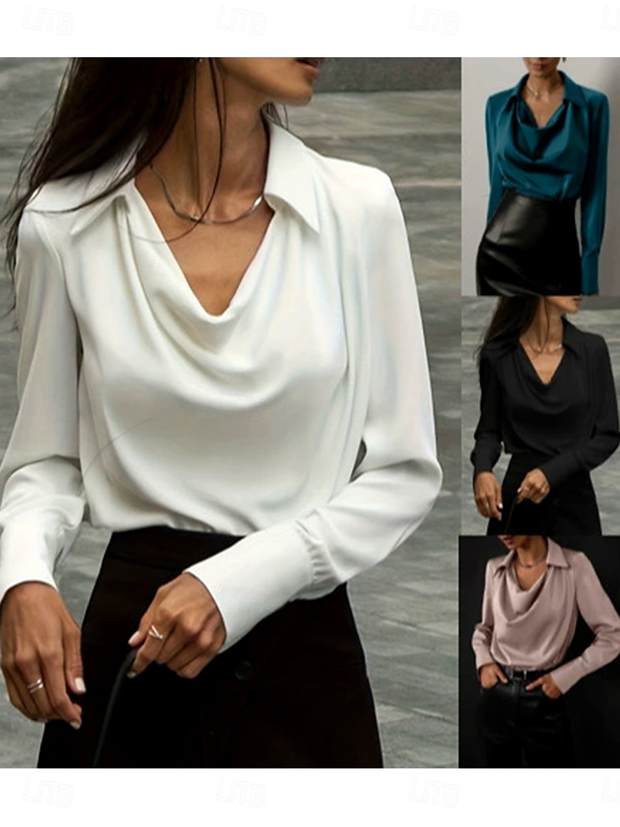 Women's Shirt Solid Color Plain Elegant Vintage Tropical Long Sleeve Cowl Neck Shirt Collar Regular Tops Work Daily Semi Formal Ruched Black White Dusty Rose Blue Summer Spring 2025 - $23.99 –P1