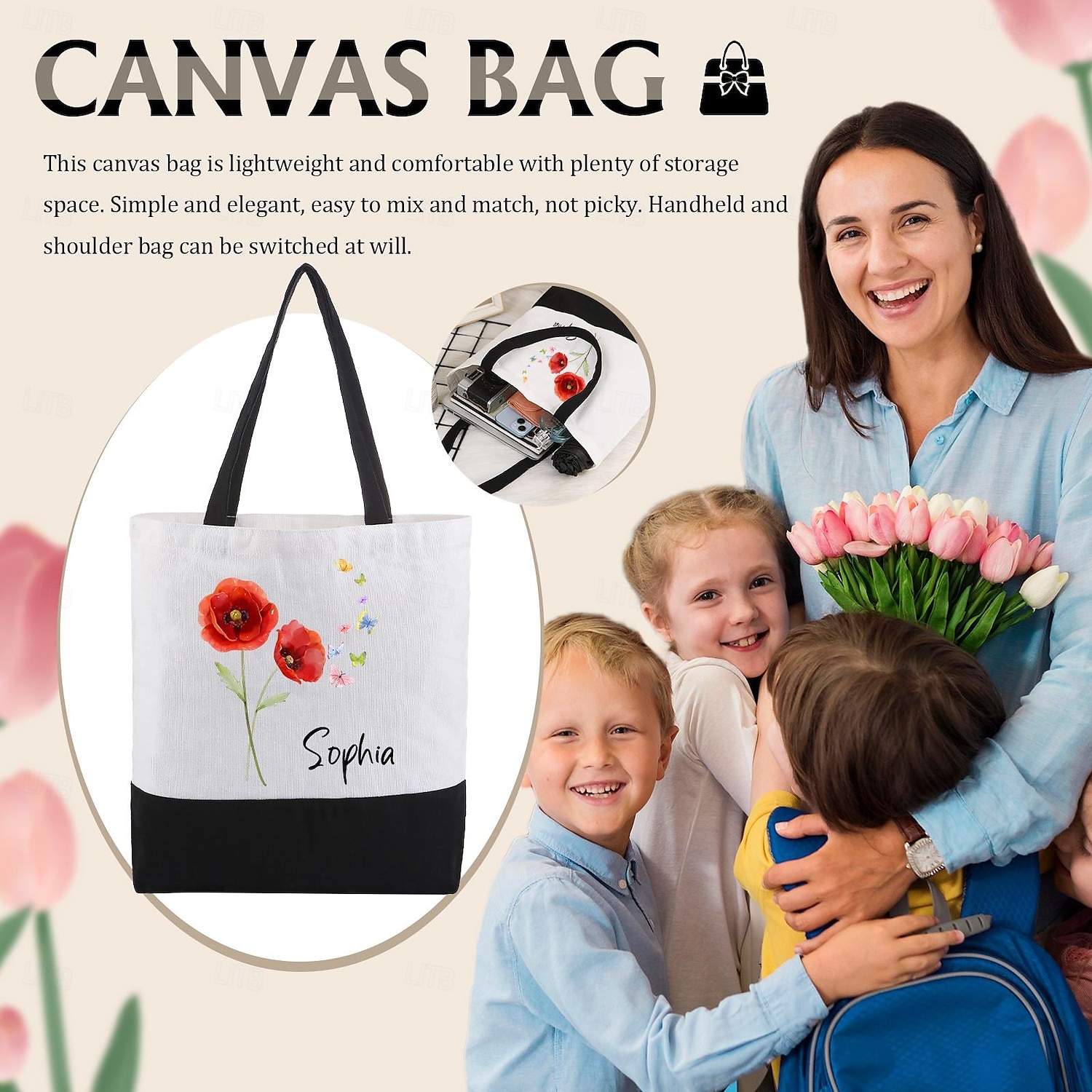 borsa tote personalizzata con nome personalizzato e fiore di nascita, borsa a tracolla in tela personalizzabile per l'uso quotidiano, regalo unico per amici e familiari del 2025 a CAD $20.72 –P4