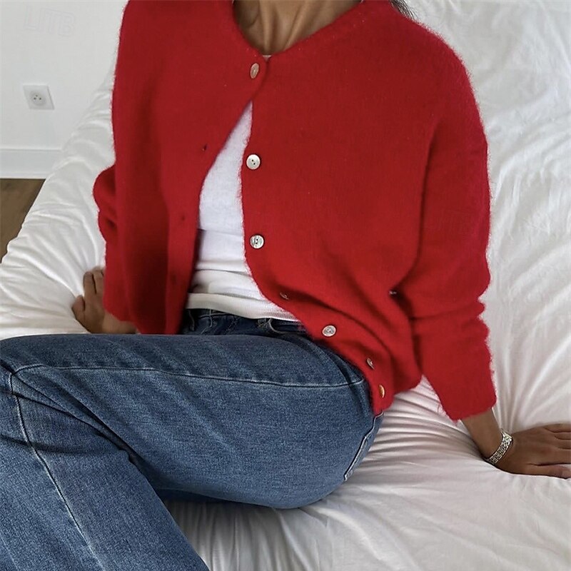 Dames Trui Vest Modieus Streetwear Dagelijks Effen Kleur Geribd Open voorzijde Gebreid Lange mouw Normale tops breien Feestdagen Uitgaan Weekend Wit Rood Herfst Winter 2025 - $31.99 –P12