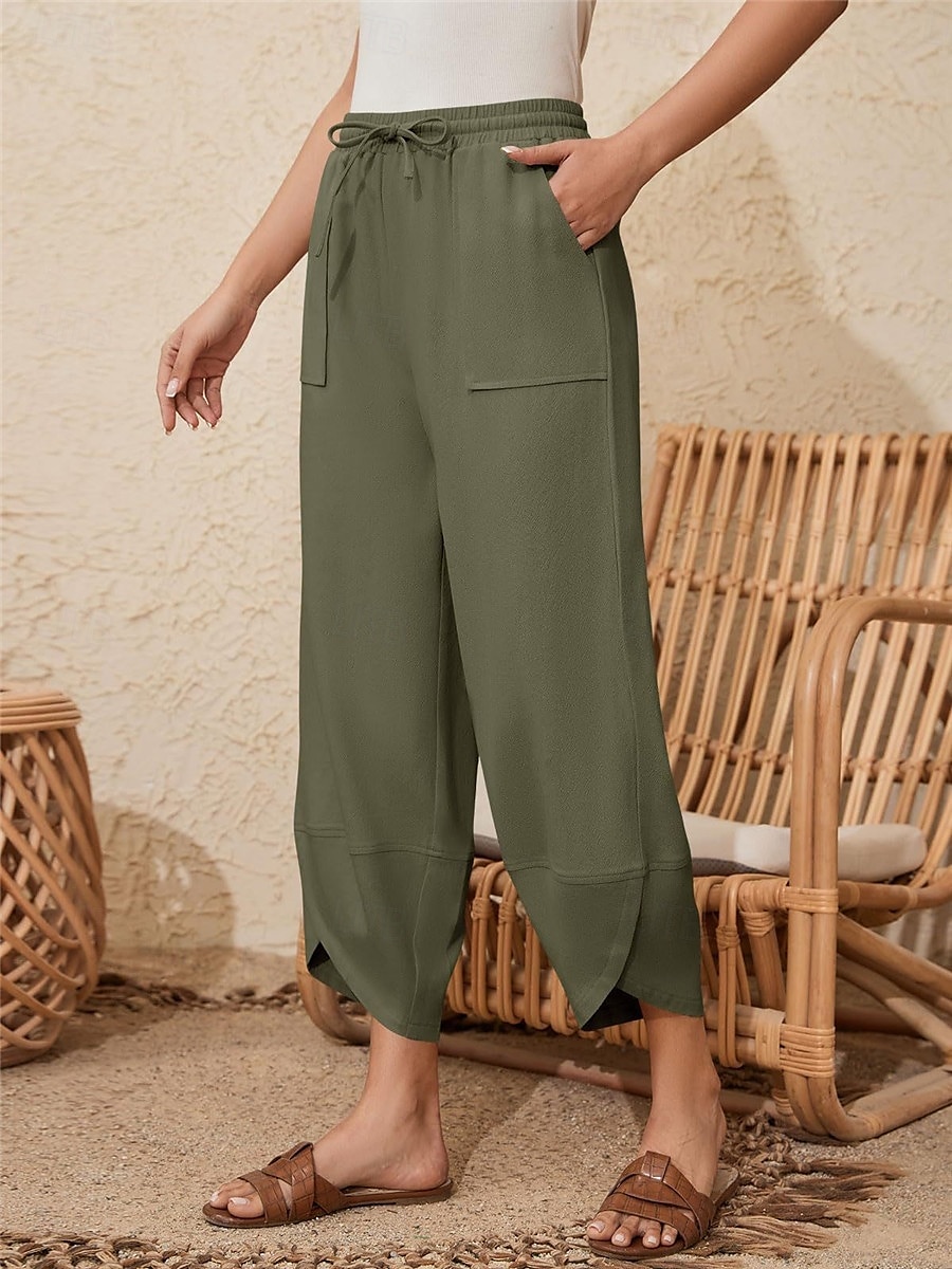 Mulheres Calças de linho de algodão chinês Moda Básico Comprimento total Cintura Alta Tecido Bolsos Com Cordão Conforto Exterior Micro-Elástica Férias Rua Diário Verde Militar Preto Azul cáqui Verão de 2025 por $23.99 –P8