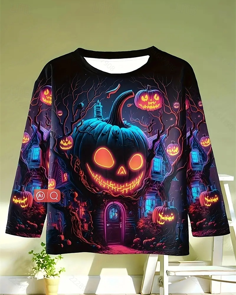 Halloween Pojkar 3D Pumpa T-shirt Långärmad Vår Höst Mode Grundläggande Barn 4-12 år Rund hals Utomhus Ledigt Dagligen Normal 2025 - $13.99 –P2