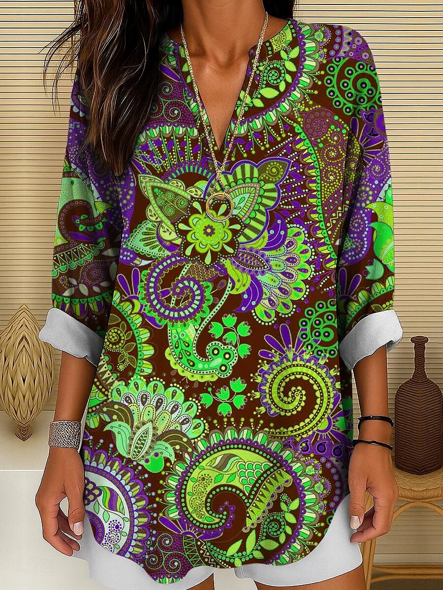 Femmes Chemisier Fleuri Graphique Paisley Bohème Basique Occasionnel manche longue Col en V Hauts Longs Quotidien Fête Boutons Imprimé Jaune Rose Claire Bleu Violet Vert Été Printemps Printemps de 2025 ? $24.99 –P4