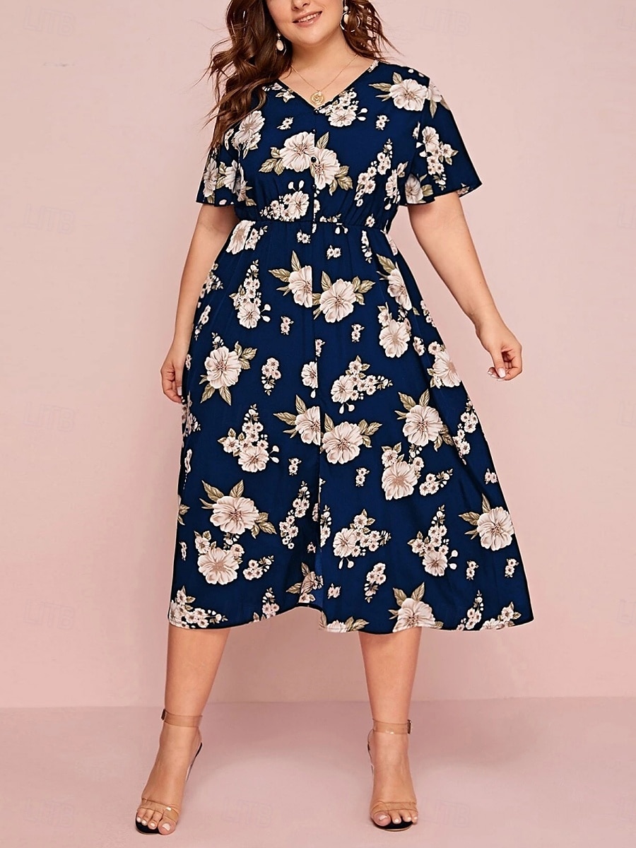 Pentru femei Mărime Plus Rochie casual Floral În V Manșon scurt Vară Primăvară Elegant Modă Modern Casual Rochii Midi Zilnic Concediu Rochie 2025 - $23.99 –P8