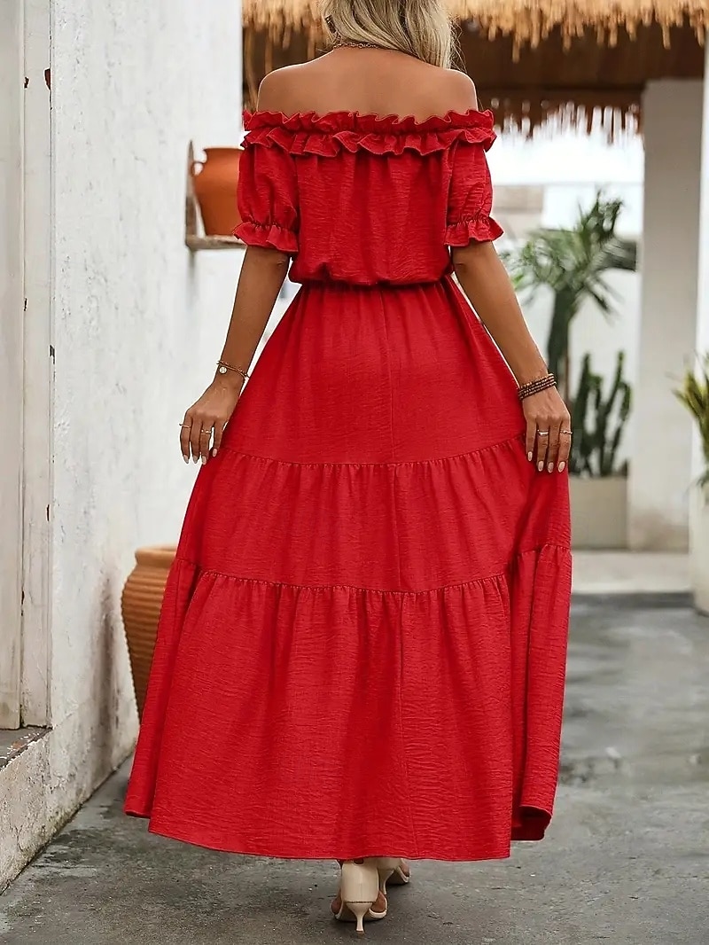 Damen Langes Kleid Maxikleid Schwingkleid Sommerkleid Elegant Ausgehen Sommerkleid Normale Passform Einfarbig Kurzarm Schulterfrei Schwarz Rote Rosenrot Aprikose Sommer 2025 - $24.99 –P8