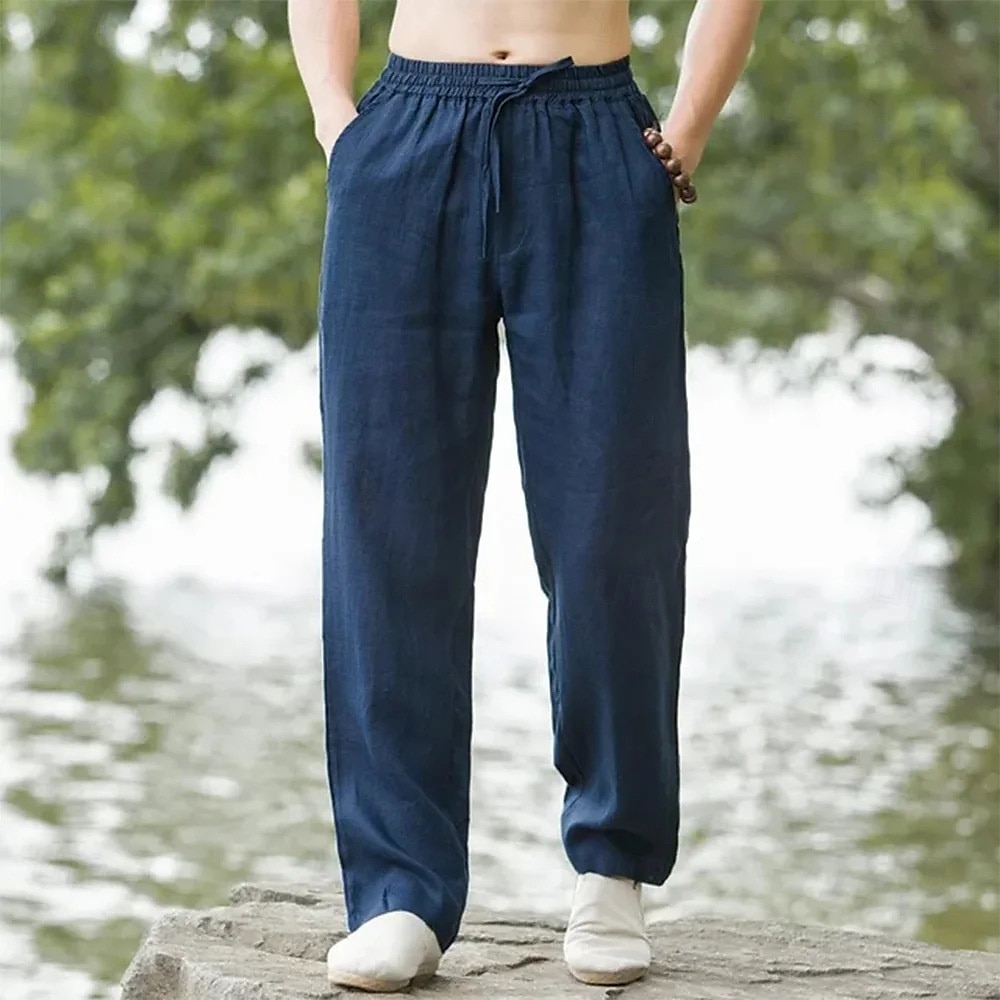 Homens Calças de linho Calças Calça verão Calças largas Cintura elástica Com Cordão Perna reta Tecido Conforto Respirável Comprimento total Ao ar livre Casual Diário Moda Estilo Clássico Preto Branco de 2025 por $20.99 –P9