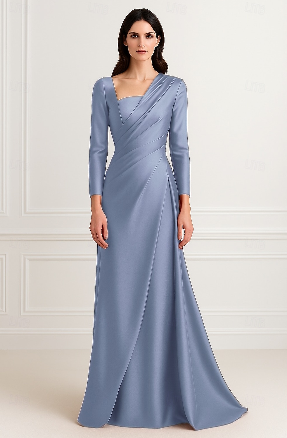 Röd svart A-linjeformad aftonklänning elegant klänning formell bröllopsklänning golvlång långärmad v-ringning stretchig satin med veck rynkade 2025 2025 - $139.99 –P2