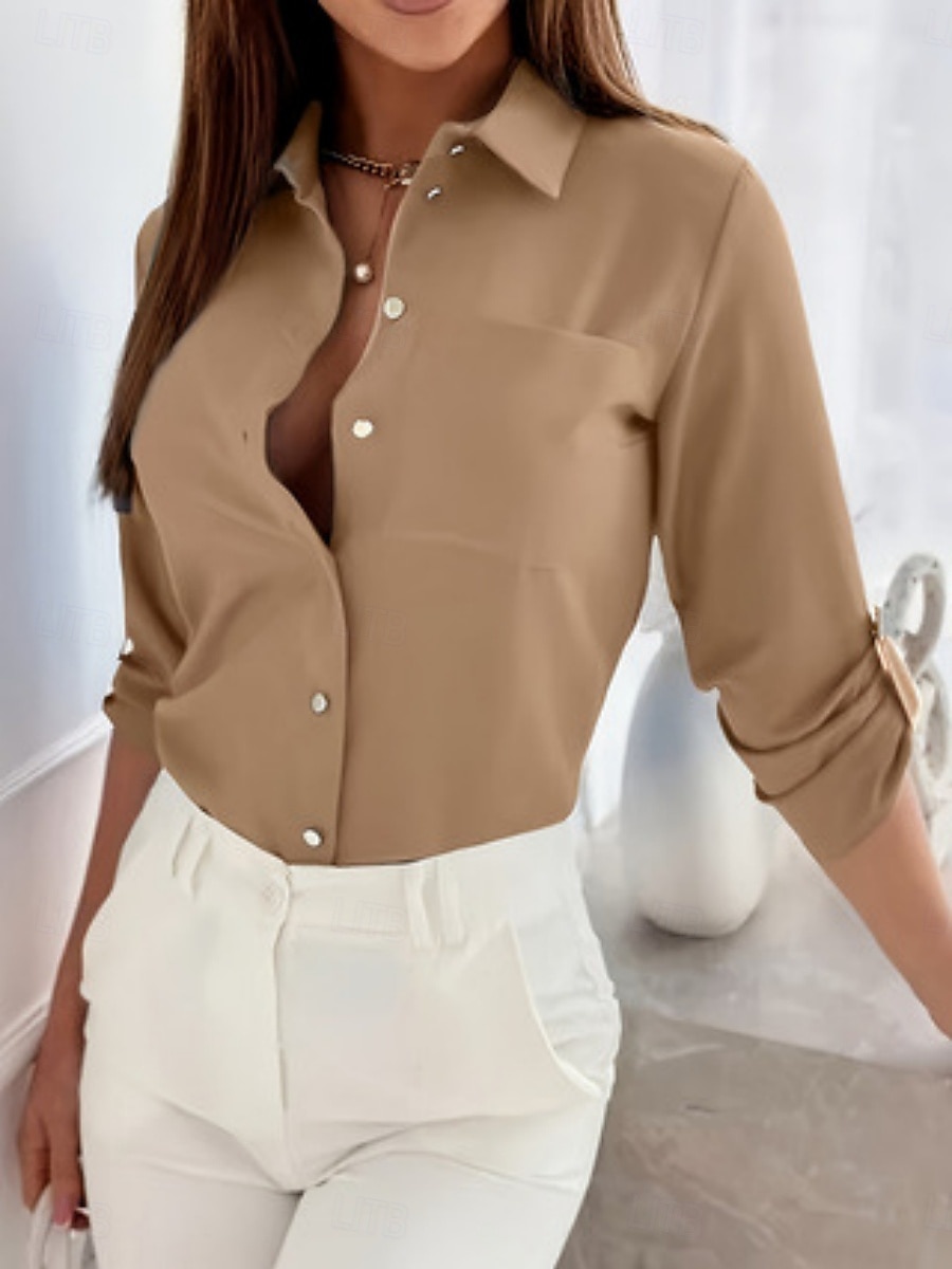 Damen Hemd Einfarbig Stilvoll Lässig Langarm Hemdkragen Normale Oberteile Täglich Knöpfe Schwarz Himmelblau Fuchsie Braun Khaki Sommer Frühling Herbst 2025 - $19.99 –P7