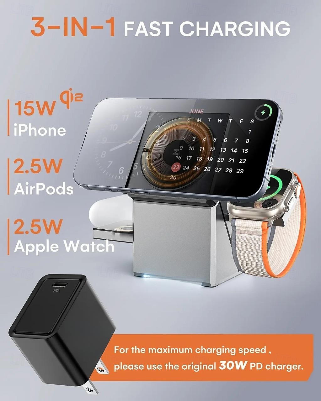 2025年 iPhone用3-in-1ワイヤレス充電ステーション、マグセーフ充電器対応の高速ワイヤレス充電ステーション、iPhone、Apple Watch、AirPods用マグネット式折りたたみ式旅行用充電スタンドナイトスタンド  コレクション – $47.99 –P4