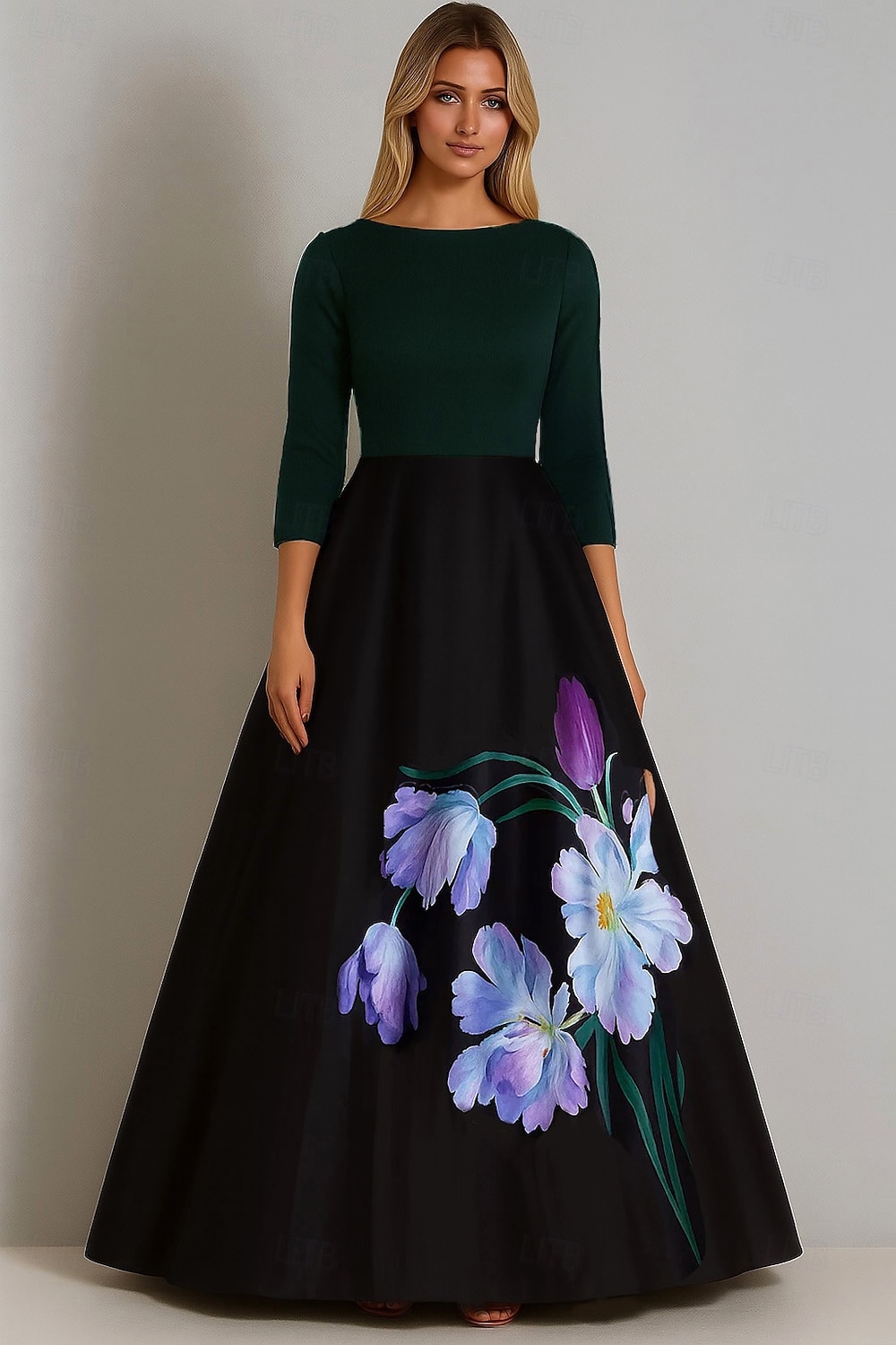 Abito da ballo Linea ad A Abito da Sera Elegante Vestito Formale Matrimonio Lunghezza al pavimento Manica 3/4 Scollo a Barca Raso con Stampa floreale 2025 del 2025 a $155.99 –P4