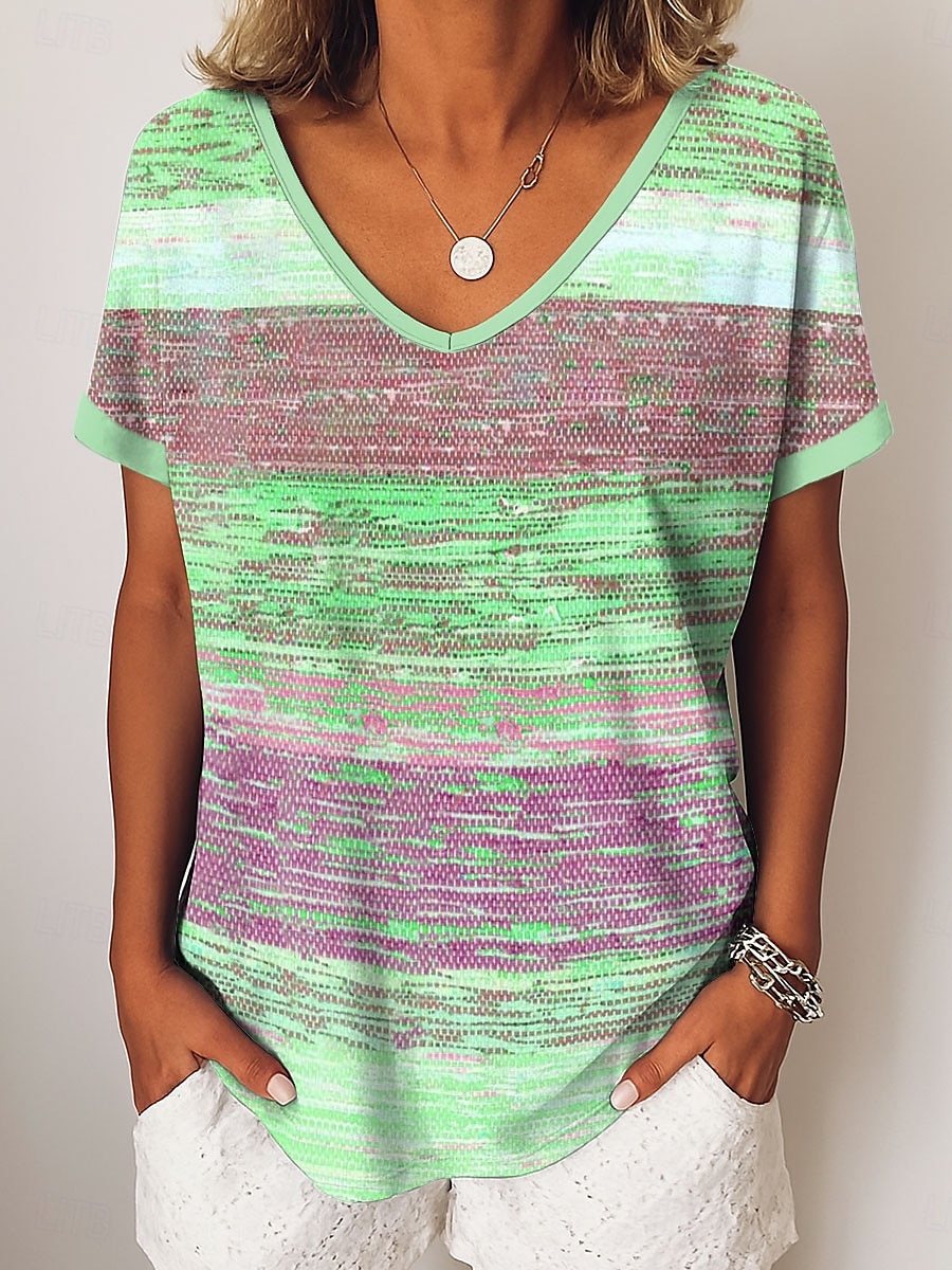 Femmes T-shirt Graphique Géométrique Rayé ancien Occasionnel Manche Courte Col en V Hauts Réguliers Quotidien Week-end Vêtements de vacances Imprimé Rose Claire Bleu Violet Vert Été Printemps de 2025 ? $19.99 –P3
