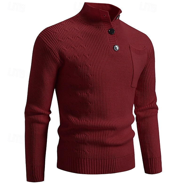 Herren Pullover Strickpullover Gerippt Stricken Normale Oberteile Tasche Gestrickt Einfach Stehkragen Mode Basic Urlaub Alltagskleidung Bekleidung Herbst Winter Schwarz Wein M L XL 2025 - $34.99 –P3