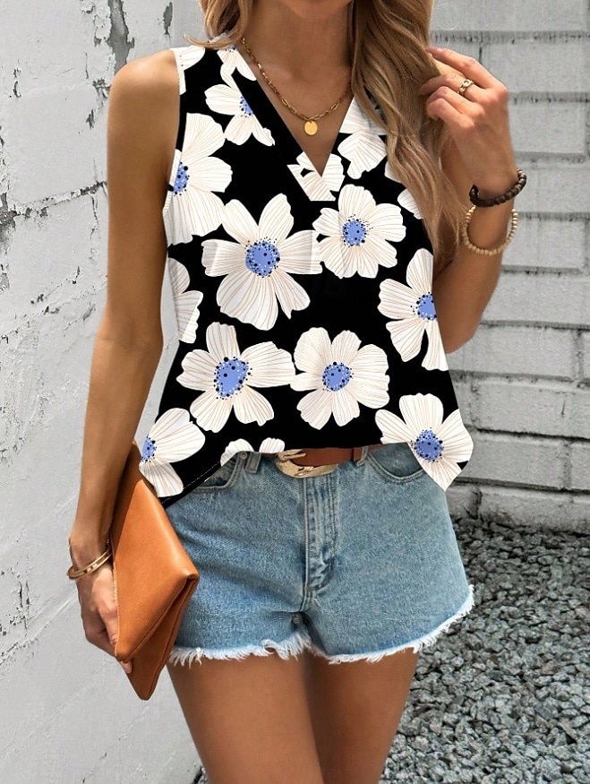 Dame Camisole Tank Top Blomstret Grafisk Geometrisk Elegant Årgang Tropisk Ermeløs V-hals Vanlige topper Daglig Trykt mønster Svart Oransje Grønn Beige Sommer Vår 2025 - $19.99 –P11