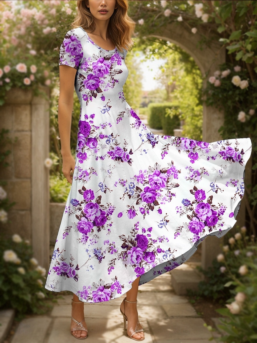 Damen Maxikleid Strickkleid Freizeitkleid A Linie Kleid Sommerkleid Elegant Urlaub Lässig Normale Passform Blumen Grafik Kurzarm Quadrathals Rundausschnitt Schwarz Gelb Rote Blau Sommer Frühling 2025 - $31.99 –P1