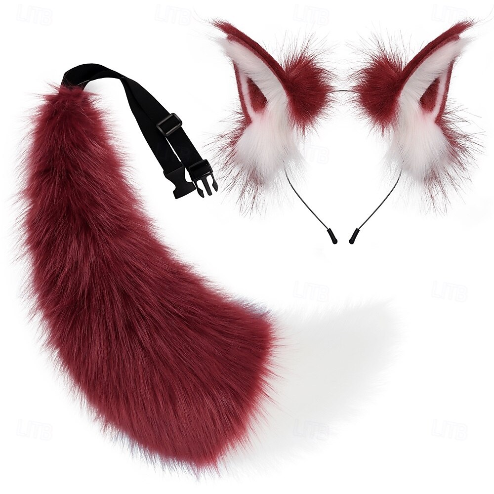 Set di orecchie di volpe pelose, fascia per capelli e coda – orecchie e coda di animali realistici, accessori per cosplay per Halloween, feste, convention e spettacoli del 2025 a $41.99 –P10
