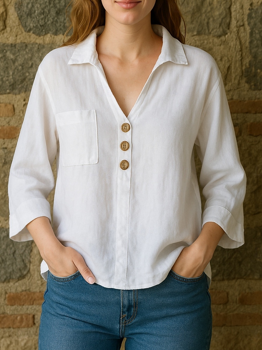 Femmes Chemises en coton et lin Uni Basique Moderne Manche 3/4 Col de chemise Hauts Réguliers Quotidien Avec Poches Boutons Blanche Jaune Rose Claire Bleu Ciel Été Printemps Automne de 2025 ? $17.99 –P1