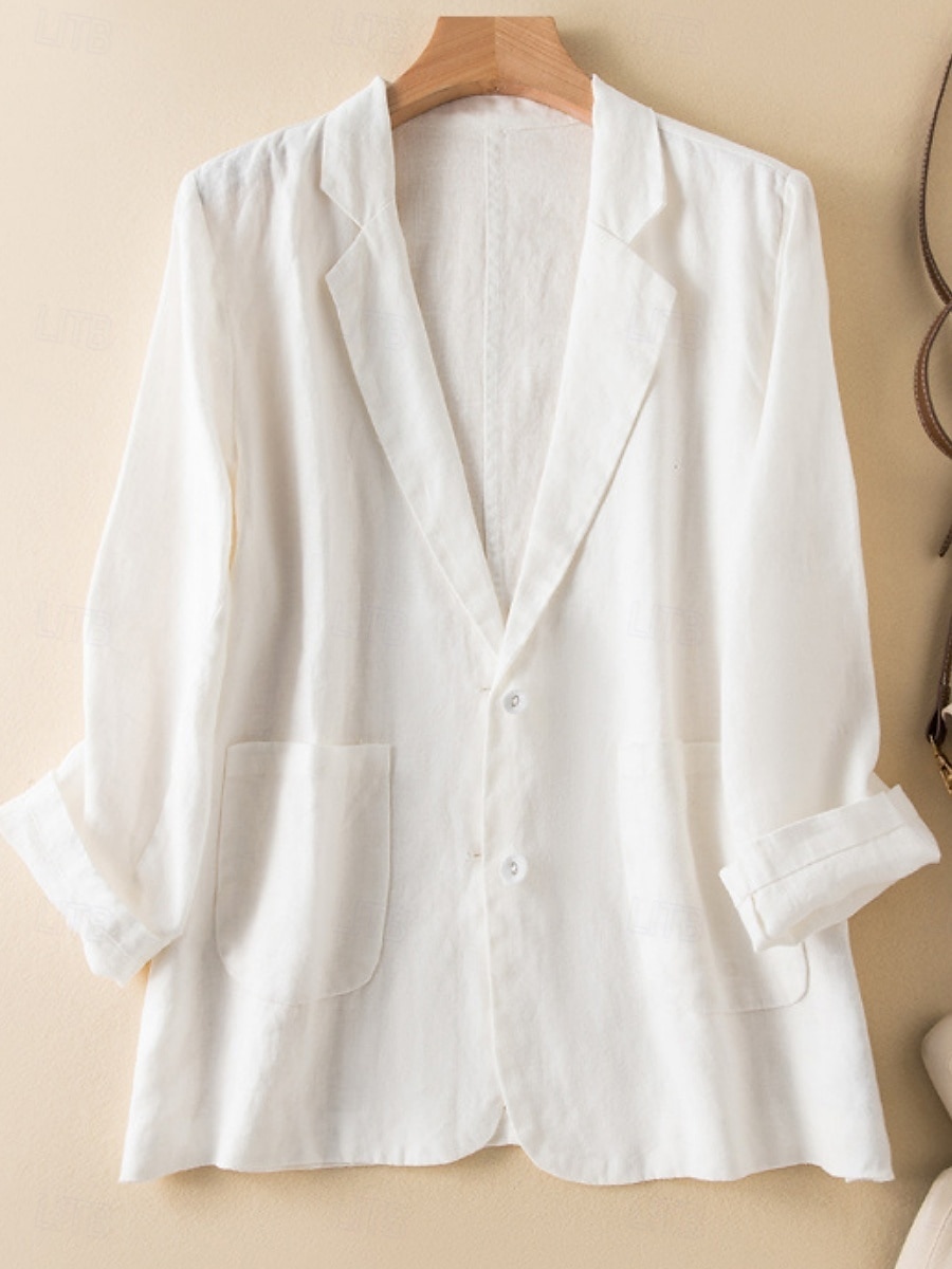 Damen-Blazer aus Baumwollleinen, bequem, atmungsaktiv, Tasche, lässig, einfarbig, fürs Büro, Straße, lässig, Alltagskleidung, einreihig, normal, Umlegekragen, normale Passform, langärmelig, Oberbekleidung, weiß, grün, beige, Sommer 2025 - $31.99 –P5