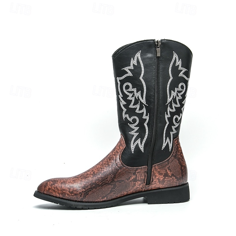 Homme Bottes Bottes de Cowboy Rétro Chaussures en Peau de Serpent Marche ancien Occasionnel Cuir PU Confortable Antidérapant Chaud Bottes Mi-Mollet Mocassin Marron Noir / Rose de 2025 ? $64.99 –P4