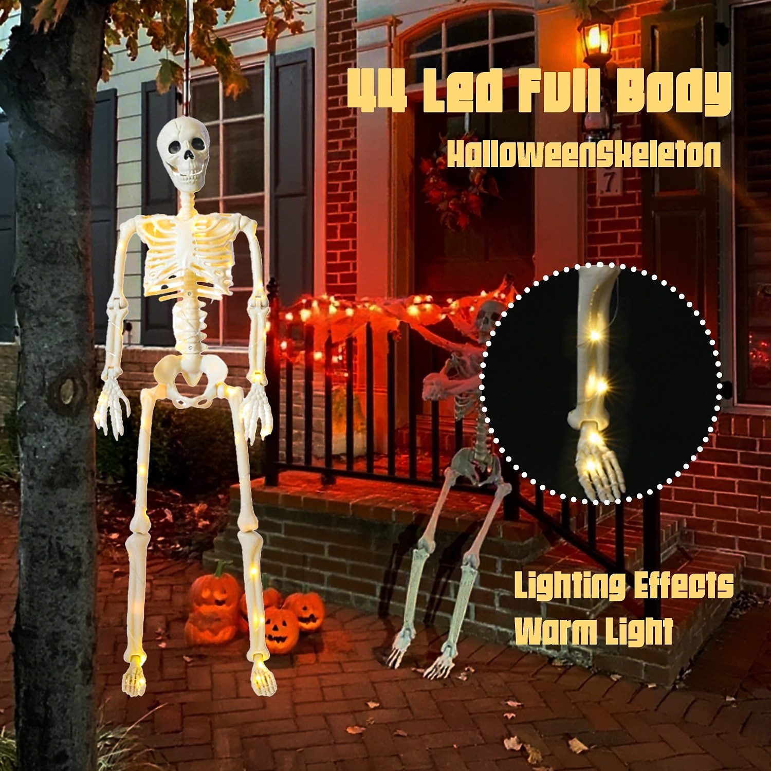 1 Pc 90cm/35inch Halloween luminous skeleton active joint model hanging standing, sitting, lying, warm light AA battery box indoor and outdoor horror and eerie decorative lights 2025 - $23.99 –P5