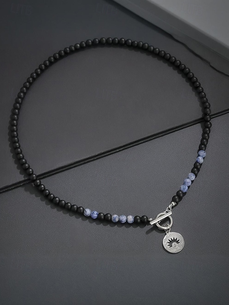 Herrekjede med natursteinperler – svart og blå edelstenshalskjede med solanheng og vippelås for bohemsk eller festantrekk 2026 - $9.99 –P4