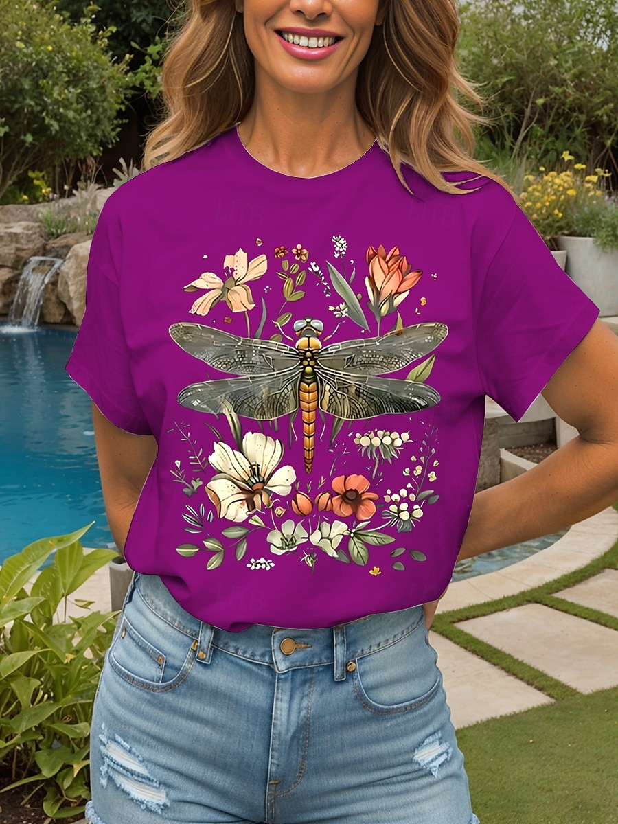 Femmes T-shirt Fleuri Graphique Libellule ancien Élégant Classique Manche Courte Col ras du cou Col rond Hauts Réguliers Quotidien Week-end Imprimé Noir Blanche Jaune Rose Claire Rouge Été Printemps de 2025 ? $19.99 –P2