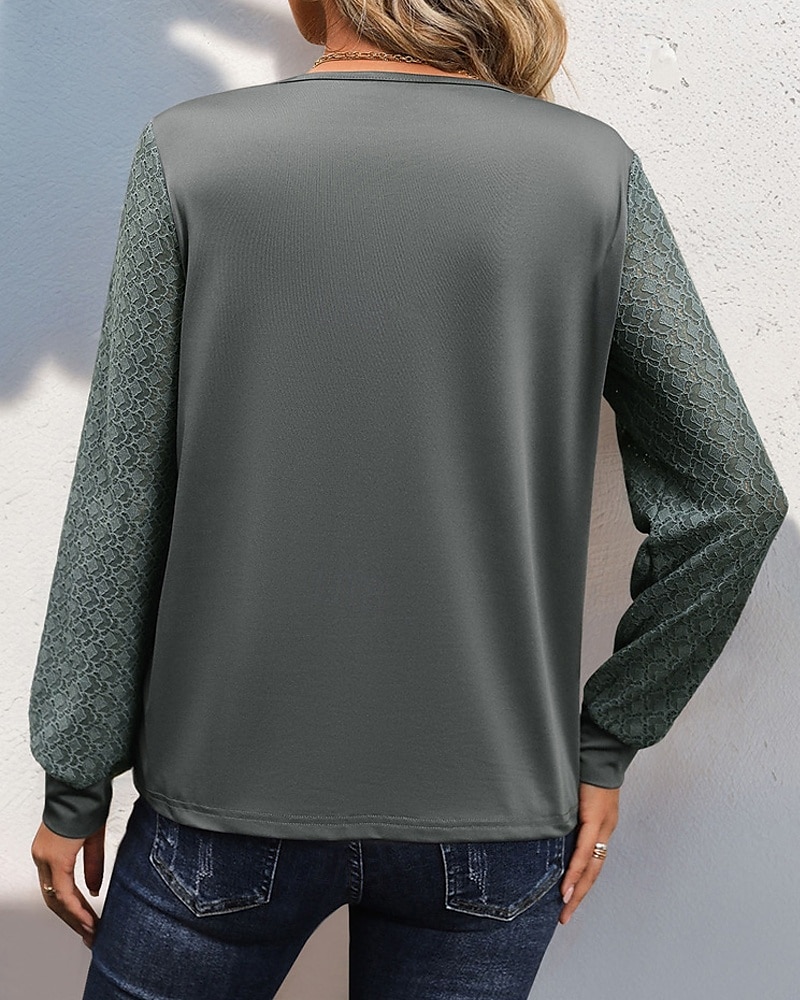 Női Póló Tee Top Sima Divat Modern Hosszú ujj V-alakú Normál felsők Napi Alkalmi Csipke Kollázs Világos szürke Tavasz Ősz 2025 - $22.99 –P5