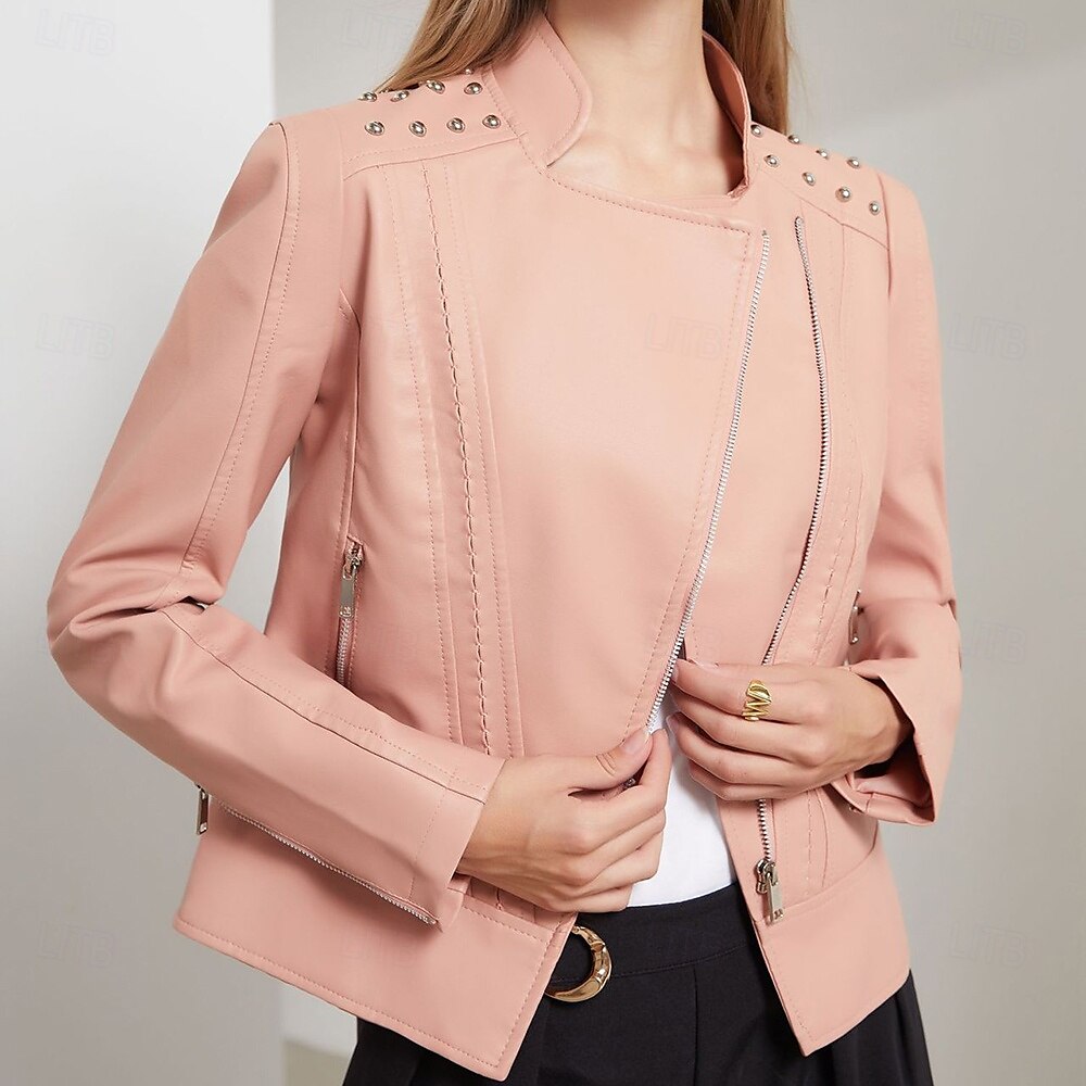 Per donna Giacca in Ecopelle Confortevole Tasca Cerniera completa Moda Stile da Strada Semplice All'aperto Casual Quotidiano Regolare Collo alla coreana Vestibilità regolare Manica Lunga Capispalla del 2025 a $44.99 –P2