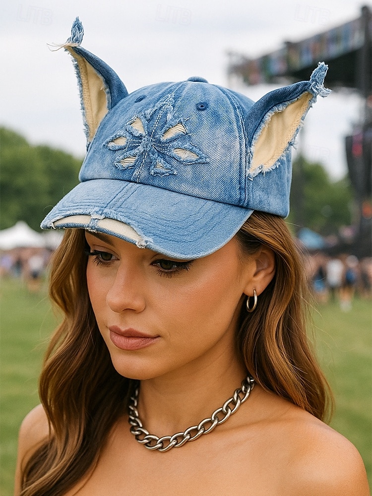 Gorra de béisbol vaquera desgastada para mujer con orejas de gato: sombrero vintage para disfraz de Halloween, estilo lindo y vanguardista para fiestas, cosplay y festivales. 2025 - $24.99 –P4